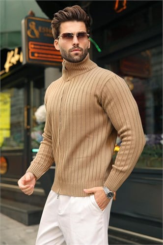Vizon Çift Fermuarlı Slim Fit Çizgili Erkek Triko Hırka E7522
