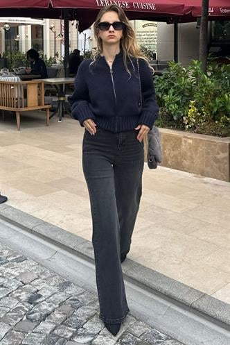 Lacivert Fermuarlı Uzun Kollu Triko Hırka MG2061