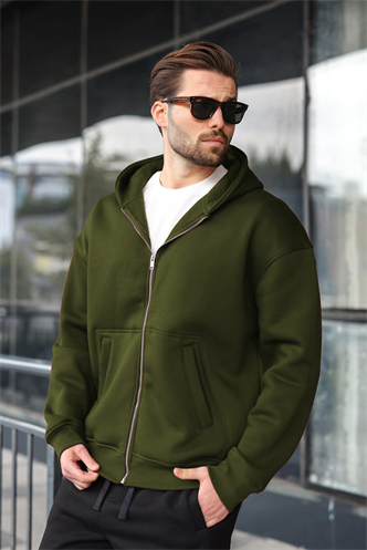Haki Fermuarlı Kapüşonlu Erkek Hırka E7174