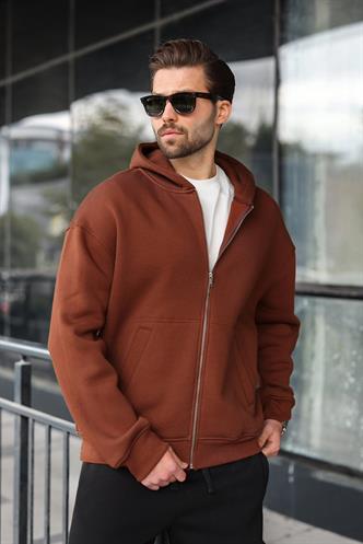 Kahverengi Fermuarlı Kapüşonlu Erkek Hırka E7174