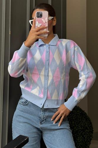 Mavi Baklava Desenli Polo Yaka Kadın Hırka MG2478