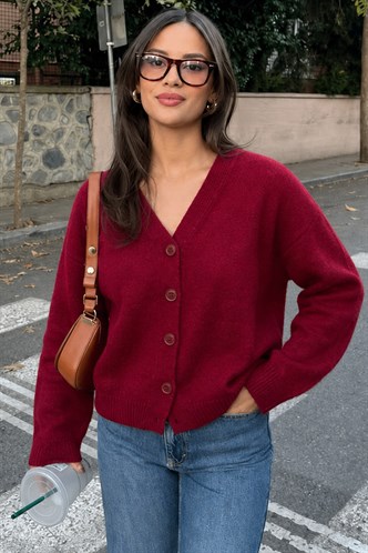 Bordo V Yaka Kadın Triko Hırka Mg2462