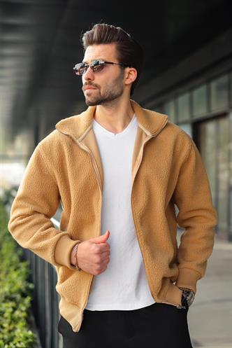 Bej Fermuarlı Dik Yaka Erkek Polar Hırka E7166