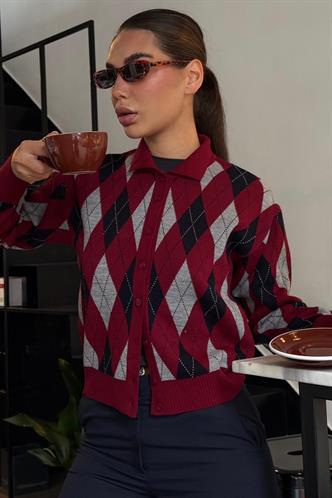 Bordo Baklava Desenli Polo Yaka Kadın Hırka MG2478