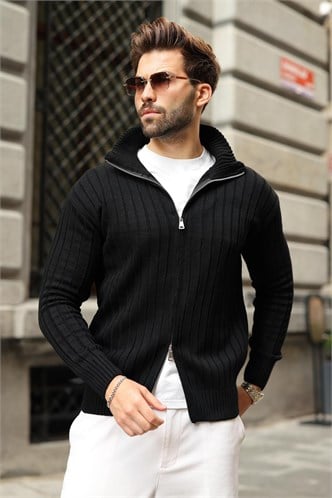 Siyah Çift Fermuarlı Slim Fit Çizgili Erkek Triko Hırka E7522