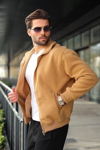 Bej Fermuarlı Dik Yaka Erkek Polar Hırka E7166