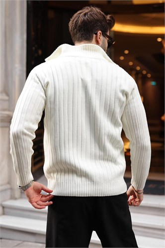Kemik Rengi Çift Fermuarlı Slim Fit Çizgili Erkek Triko Hırka E7522