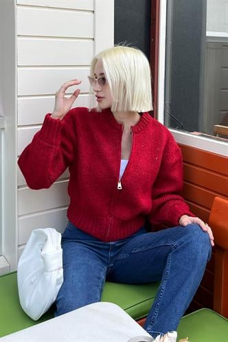 Bordo Fermuarlı Uzun Kollu Triko Hırka MG2061