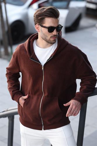 Acı Kahve Kapüşonlu Erkek Polar Hırka E7168