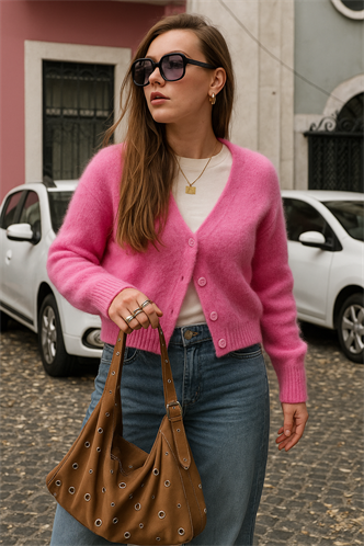 Pembe V Yaka Kadın Triko Hırka Mg2462