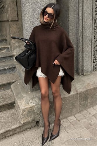 Kahverengi Boğazlı Asimetrik Kesim Kadın Panço MG2901