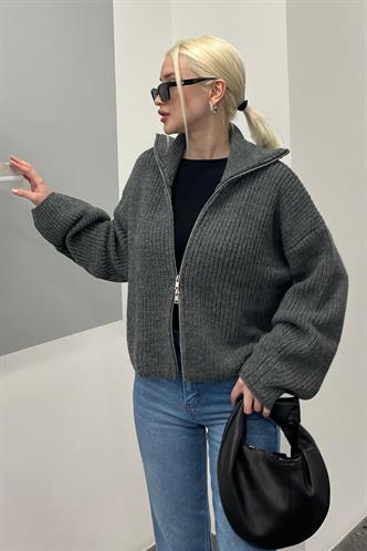 Antrasit Çift Fermuarlı Triko Hırka MG2256