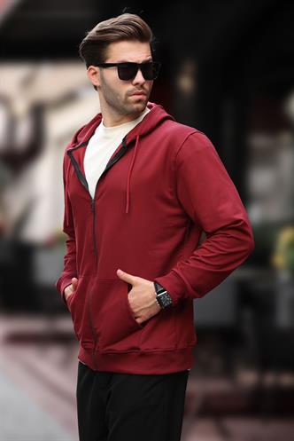 Bordo Kapüşonlu Fermuarlı Erkek Hırka 7070