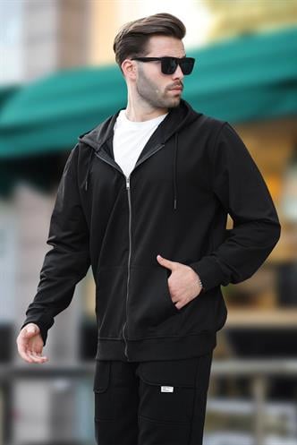Siyah Kapüşonlu Fermuarlı Erkek Hırka 7070