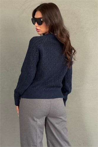 Lacivert Bisiklet Yaka Örgü Desenli Kadın Hırka MG2899