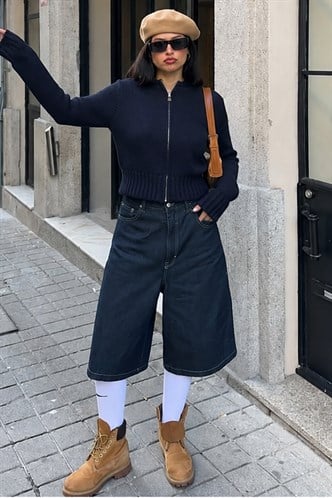 Lacivert Fermuarlı Uzun Kollu Triko Hırka MG2061