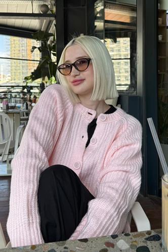 Pembe Bisiklet Yaka Selanik Örgü Düğmeli Kadın Hırka Mg2487
