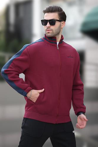 Bordo Yarım Balıkçı Yaka Fermuarlı Baskılı Erkek Hırka 7081