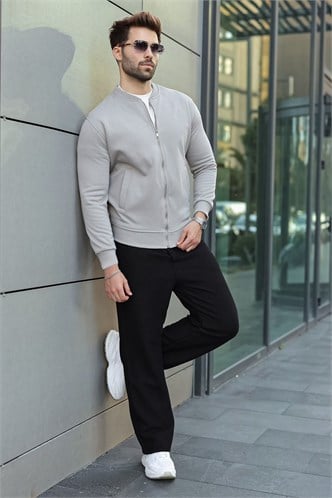Boyalı Gri Peluş Astarlı Fermuarlı Erkek Sweat Hırka  E7214