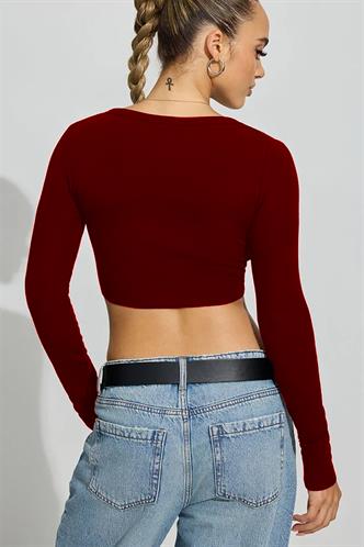 Bordo Uzun Kollu Düğmeli Kaşkorse Crop Hırka MG2193