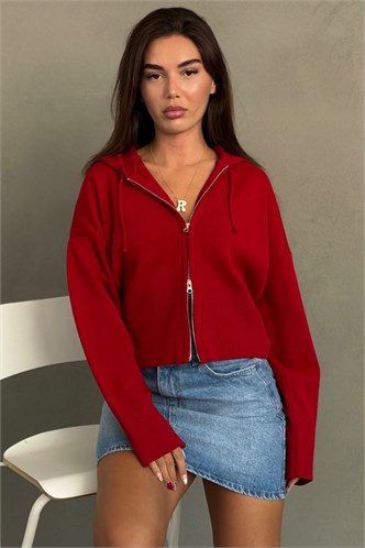 Kırmızı Kapüşonlu Çift Fermuarlı Kadın Triko Hırka MG2893