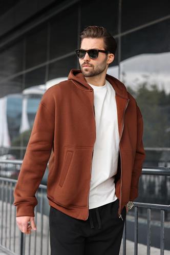 Kahverengi Fermuarlı Kapüşonlu Erkek Hırka E7174