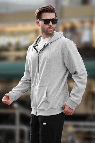 Gri Kapüşonlu Fermuarlı Erkek Hırka 7070