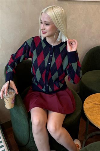 Lacivert Baklava Desenli Bisiklet Yaka Kadın Hırka Mg2496