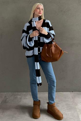 Kahverengi Çizigli Atkılı Kadın Triko Hırka MG2588