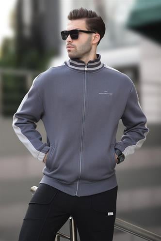 Füme Yarım Balıkçı Yaka Fermuarlı Baskılı Erkek Hırka 7081