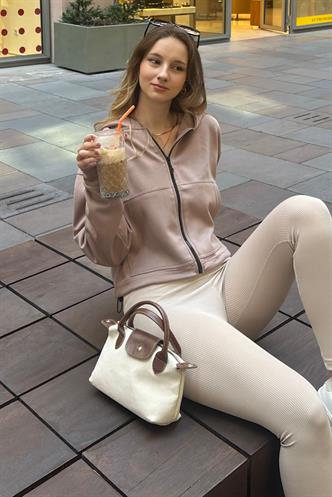 Bej Fermuarlı Kapüşonlu Uzun Kollu Kısa Hırka MG2214