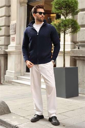 Lacivert Çift Fermuarlı Slim Fit Çizgili Erkek Triko Hırka E7522