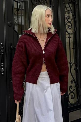 Bordo Çift Fermuarlı Kadın Triko Hırka Mg2532