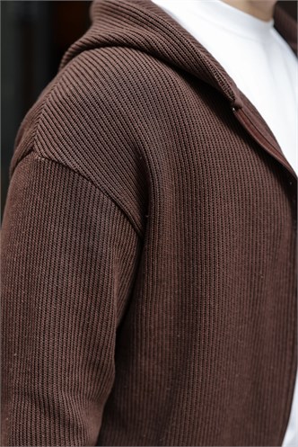 Kahverengi Kapüşonlu Fermuarlı Erkek Triko Hırka E7208