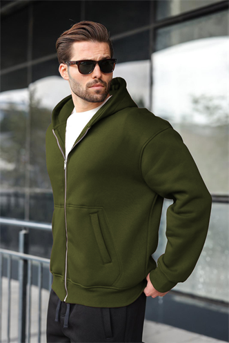 Haki Fermuarlı Kapüşonlu Erkek Hırka E7174