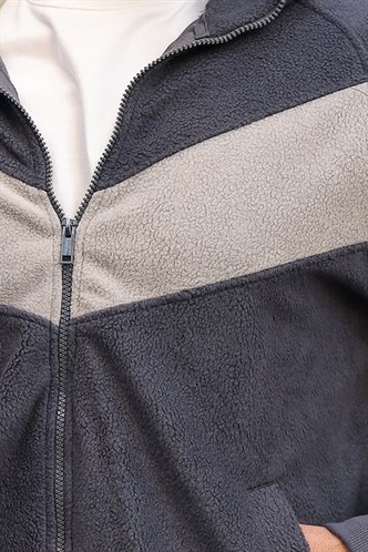 Füme Şerit Detaylı Çift Fermuarlı Erkek Polar Hırka E7191