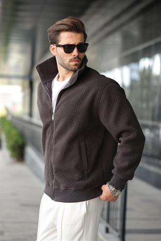 Füme Fermuarlı Dik Yaka Erkek Polar Hırka E7166