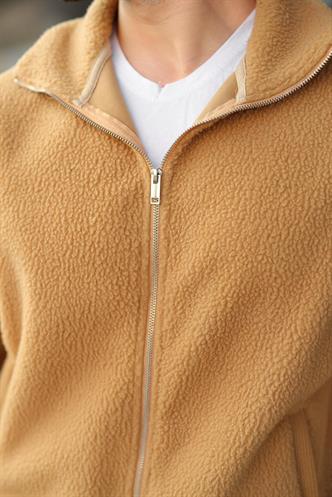 Bej Fermuarlı Dik Yaka Erkek Polar Hırka E7166