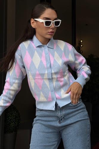 Mavi Baklava Desenli Polo Yaka Kadın Hırka MG2478