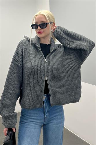 Antrasit Çift Fermuarlı Triko Hırka MG2256