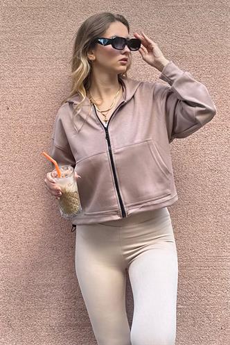 Bej Fermuarlı Kapüşonlu Uzun Kollu Kısa Hırka MG2214