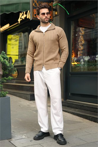 Vizon Çift Fermuarlı Slim Fit Çizgili Erkek Triko Hırka E7522