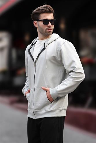 Boyalı Gri  Kapüşonlu Fermuarlı Erkek Hırka 7070