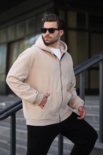 Bej Kapüşonlu Erkek Polar Hırka E7168