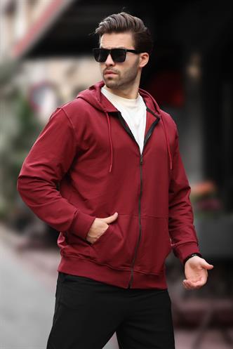 Bordo Kapüşonlu Fermuarlı Erkek Hırka 7070