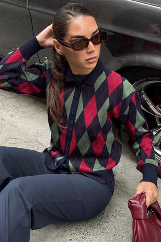 Lacivert Baklava Desenli Polo Yaka Kadın Hırka MG2478