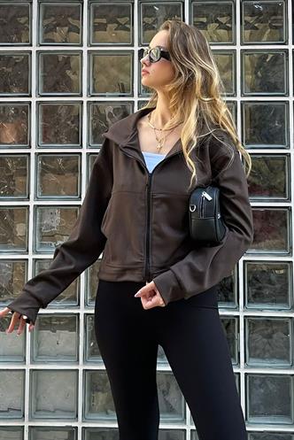 Kahverengi Fermuarlı Kapüşonlu Uzun Kollu Kısa Hırka MG2214