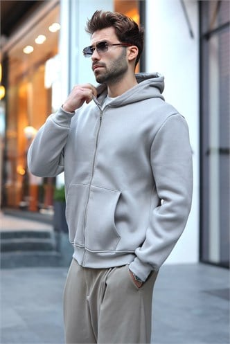 Boyalı Gri Şardonlu Kapüşonlu Erkek Sweat Hırka E7219
