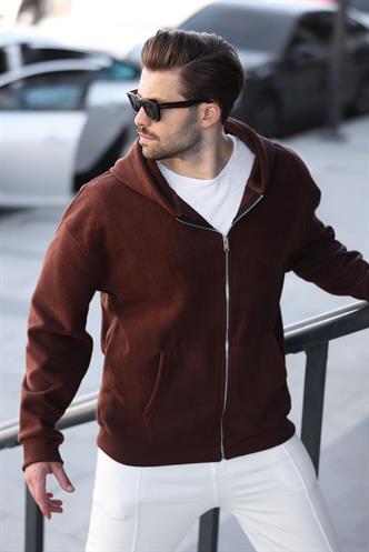 Acı Kahve Kapüşonlu Erkek Polar Hırka E7168