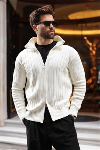Kemik Rengi Çift Fermuarlı Slim Fit Çizgili Erkek Triko Hırka E7522